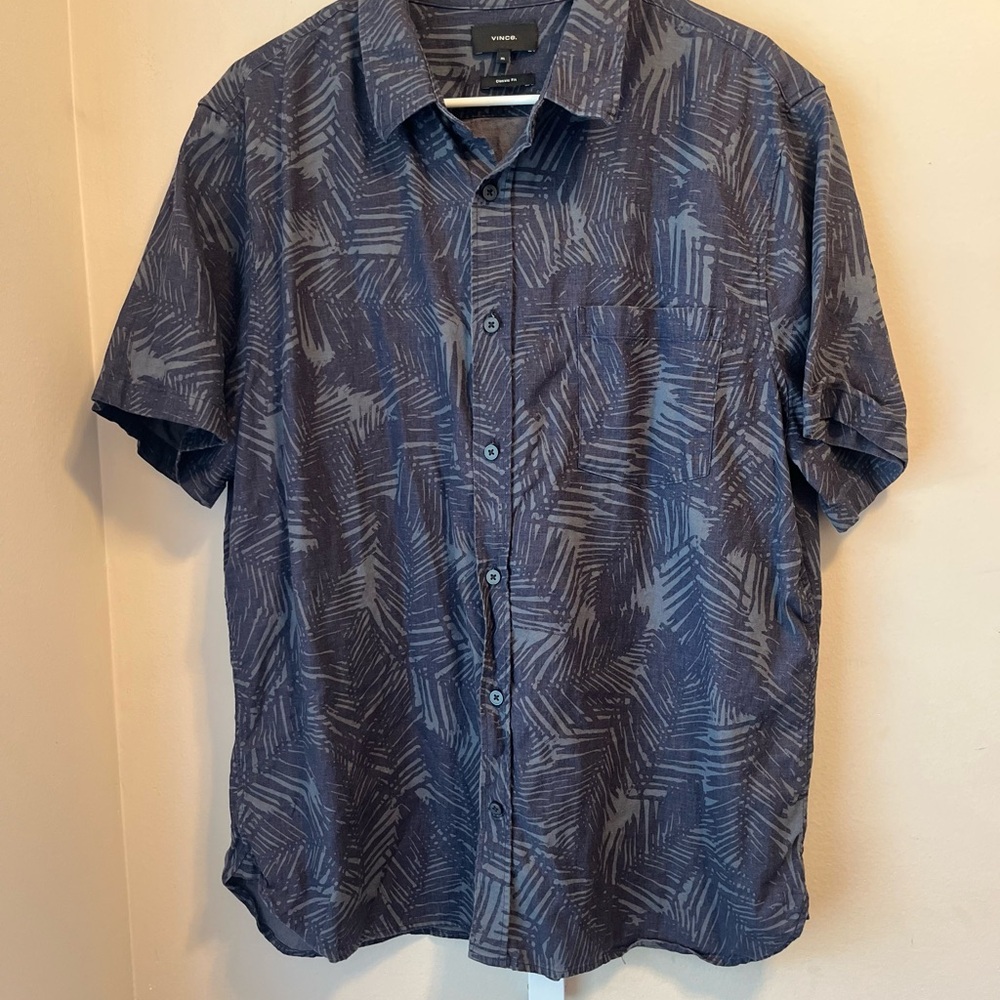 Vince Shirt Mens XL Button Up Casual Tropical Blue/gray Linen Blend Short Sleeve